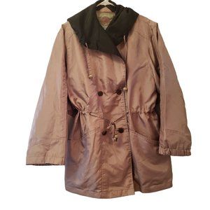 American Weekend Womens Large Hooded Trench Jacket Sateen Tan Black